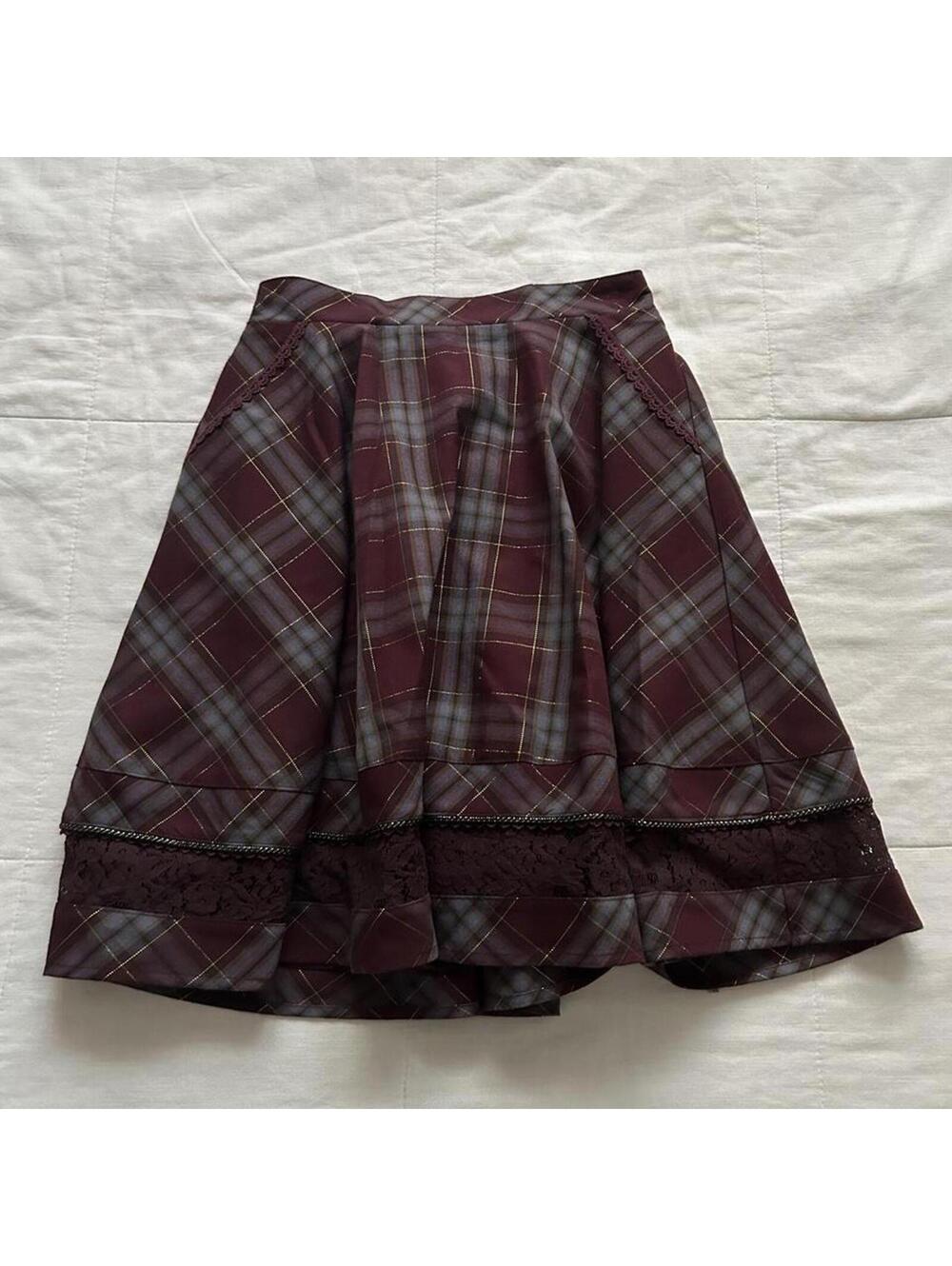 Axes Femme Burgundy Red Plaid Shimmer Skirt Pockets Preppy Lolita Medium
